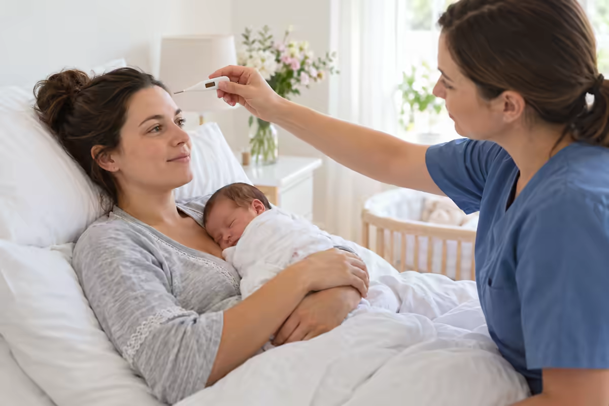 Mẹ sau sinh bế em bé trong khi được kiểm tra nhiệt độ
