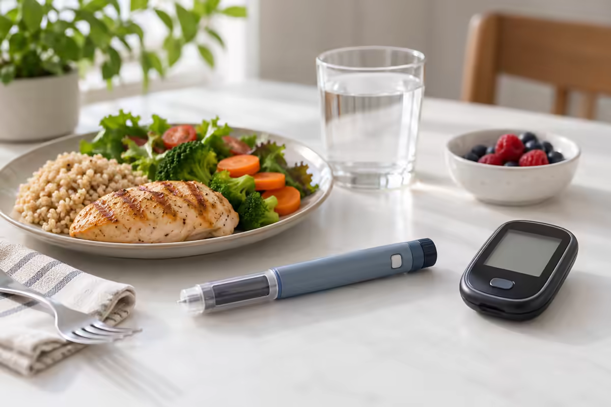 Bút insulin đặt cạnh bữa ăn và máy đo đường huyết