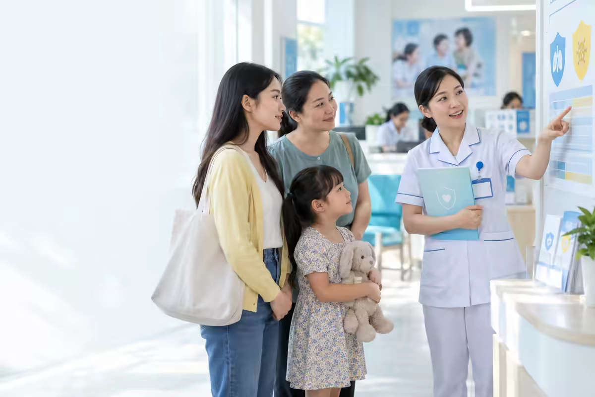 Nhân viên y tế hướng dẫn gia đình về chương trình tiêm vắc xin phòng bệnh