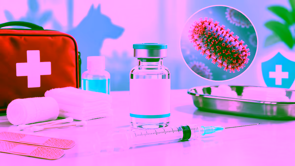 Lọ vắc xin dại, bộ sơ cứu vết cắn và minh họa virus dại
