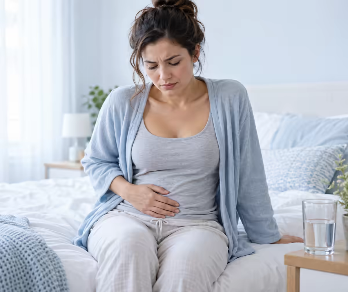 Người mẹ sau sinh đặt tay lên vùng bụng dưới vì khó chịu