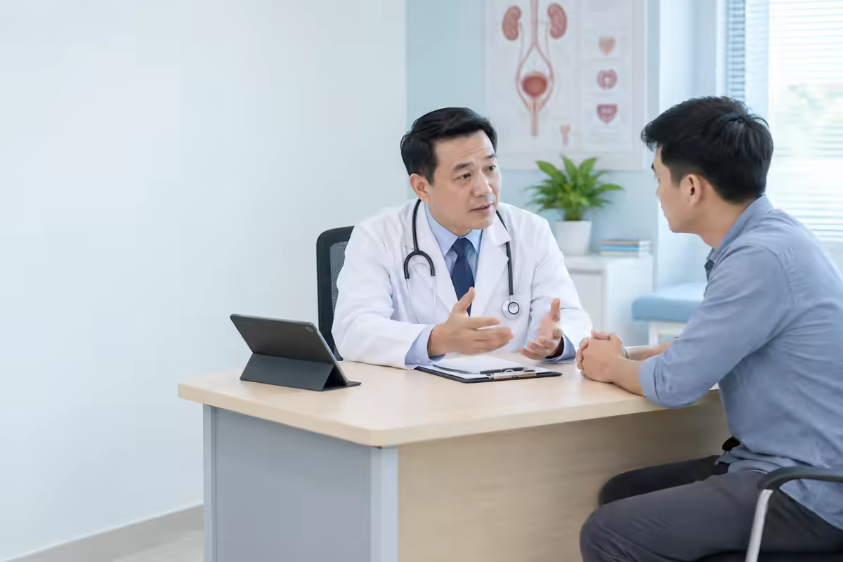 Nam giới được bác sĩ tiết niệu tư vấn riêng tư về tinh dịch đổi màu