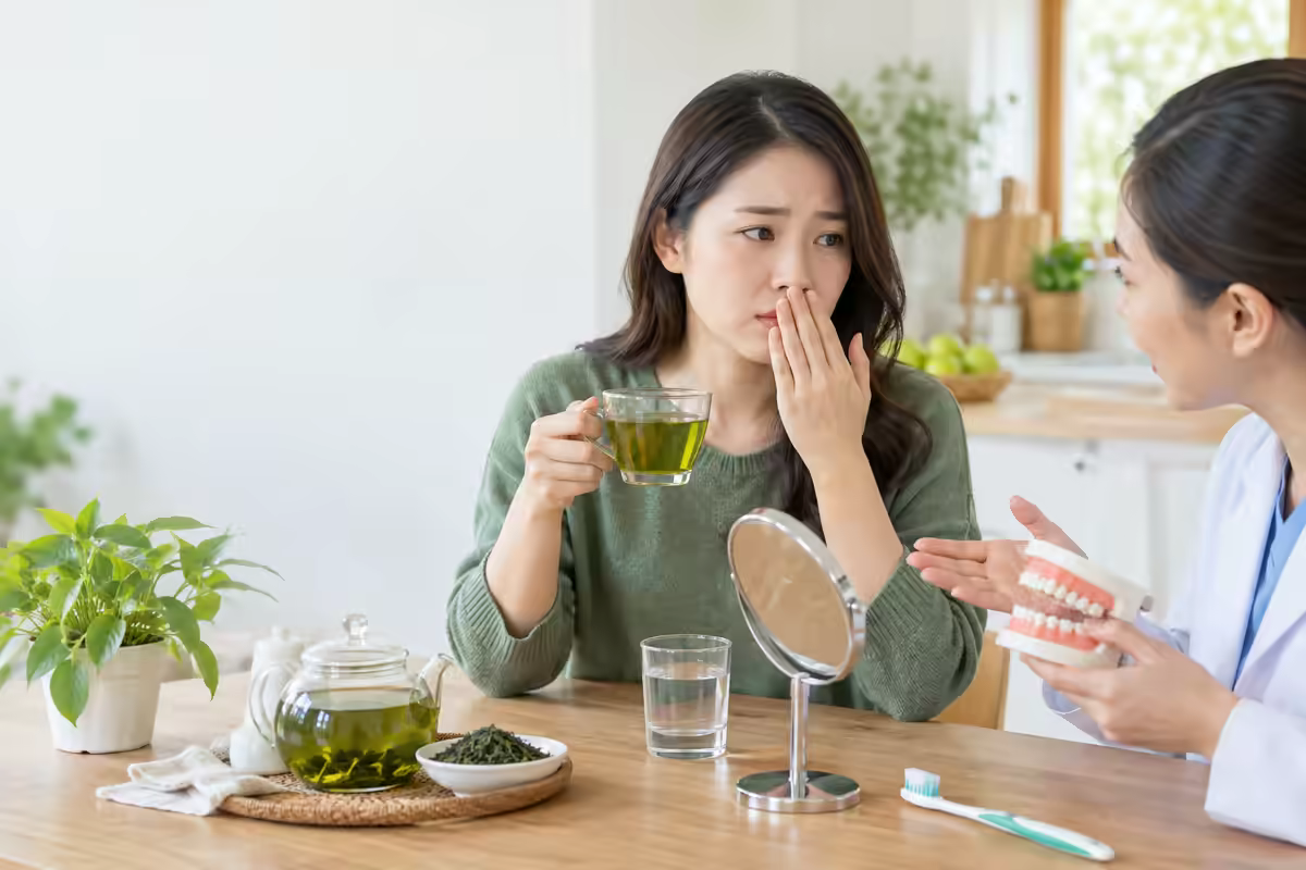 Người dùng uống trà xanh và chú ý vệ sinh răng miệng để giảm hôi miệng