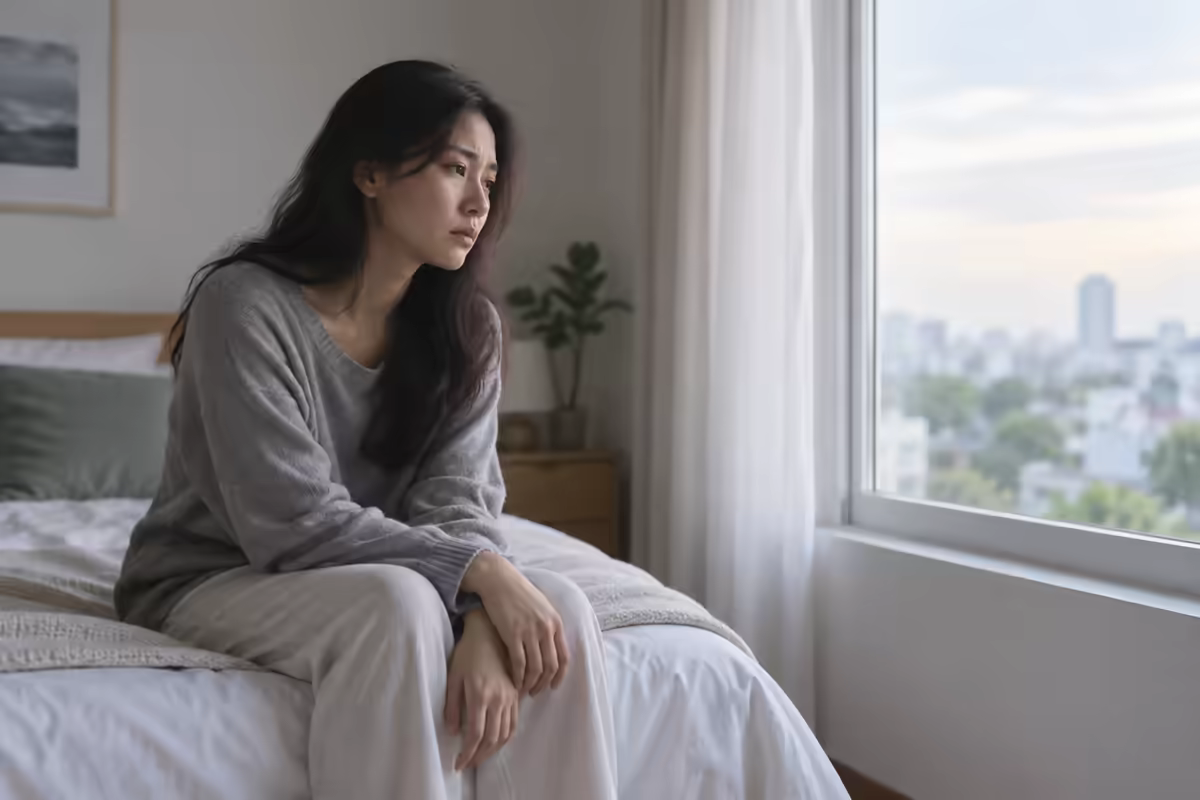 Người phụ nữ ngồi một mình bên cửa sổ với biểu hiện kiệt sức tinh thần