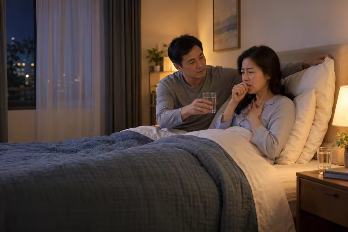 Người bệnh ngồi kê cao gối sau cơn ho đêm do trào ngược dạ dày