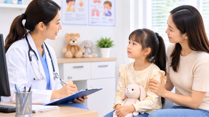 Bác sĩ chuyên khoa thăm khám đường hô hấp cho trẻ nhỏ bị viêm mũi dị ứng