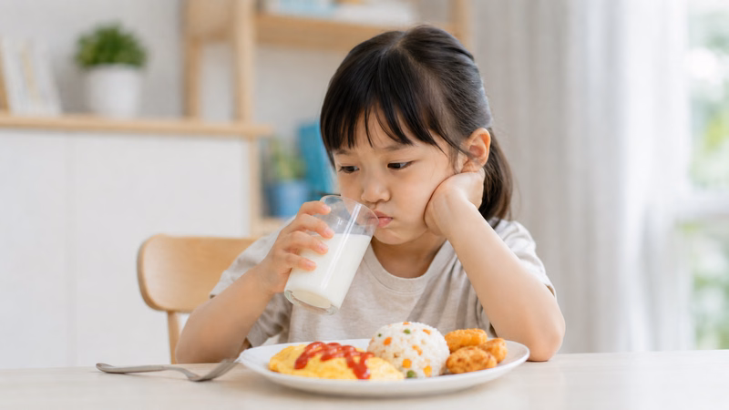 Em bé lắc đầu từ chối thức ăn đặc và chỉ thích uống sữa bằng bình