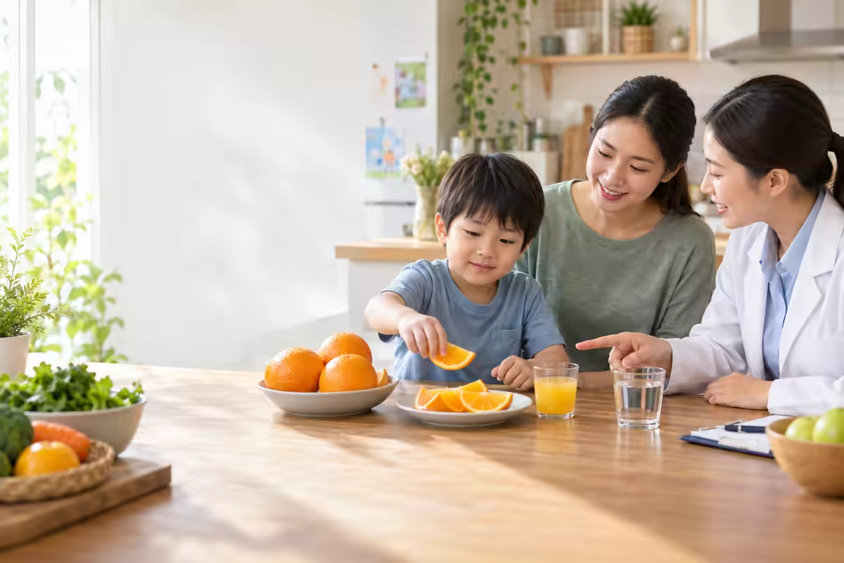 Trẻ cùng gia đình lựa chọn nước cam và khẩu phần phù hợp với chuyên gia dinh dưỡng