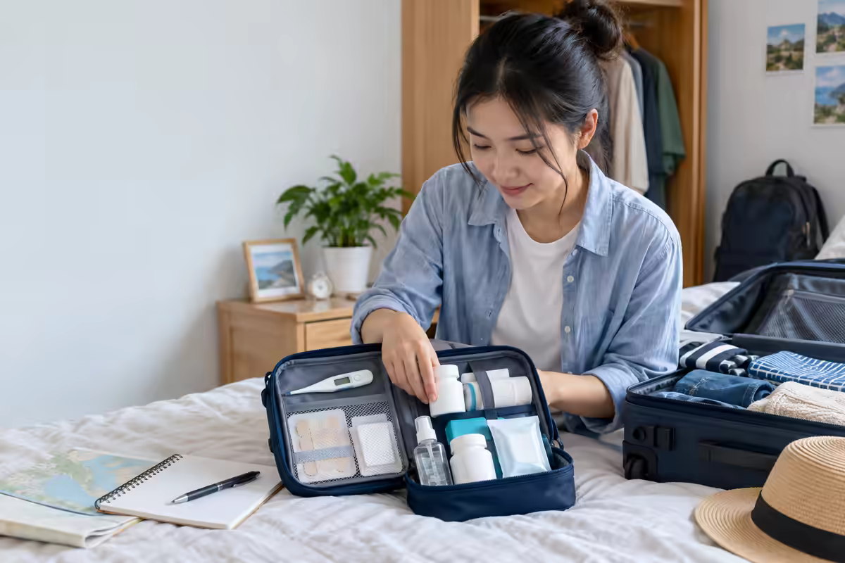 Người đi du lịch sắp xếp túi thuốc cá nhân và vật dụng sơ cứu cần thiết