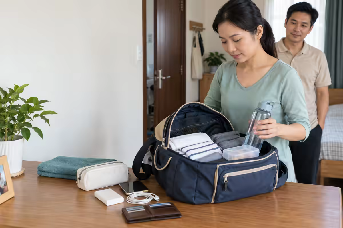 Người chăm sóc chuẩn bị túi khẩn cấp với đồ dùng cần thiết để đến bệnh viện