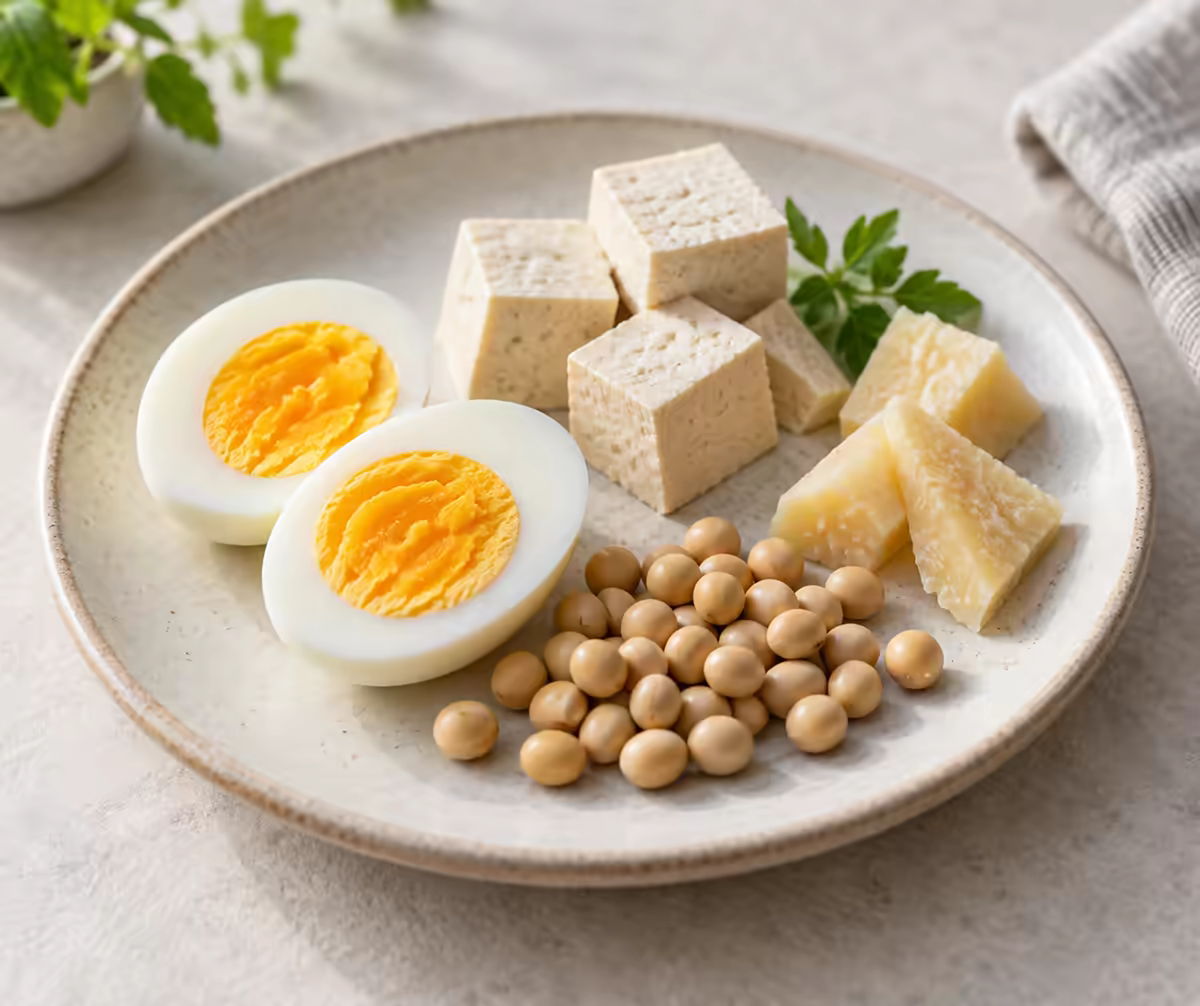 Đĩa thực phẩm giàu đạm gồm trứng, đậu phụ, phô mai và đậu nành