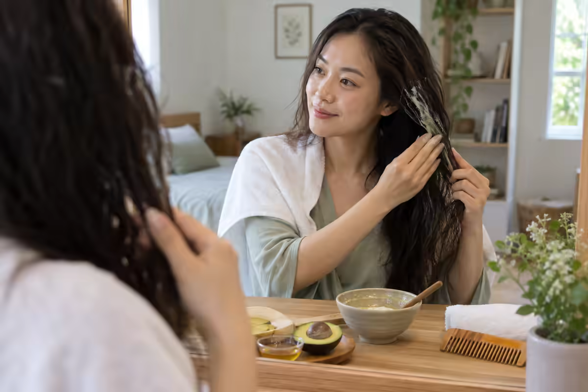 Ủ tóc tại nhà – người phụ nữ chăm sóc mái tóc khô xơ bằng mặt nạ tóc