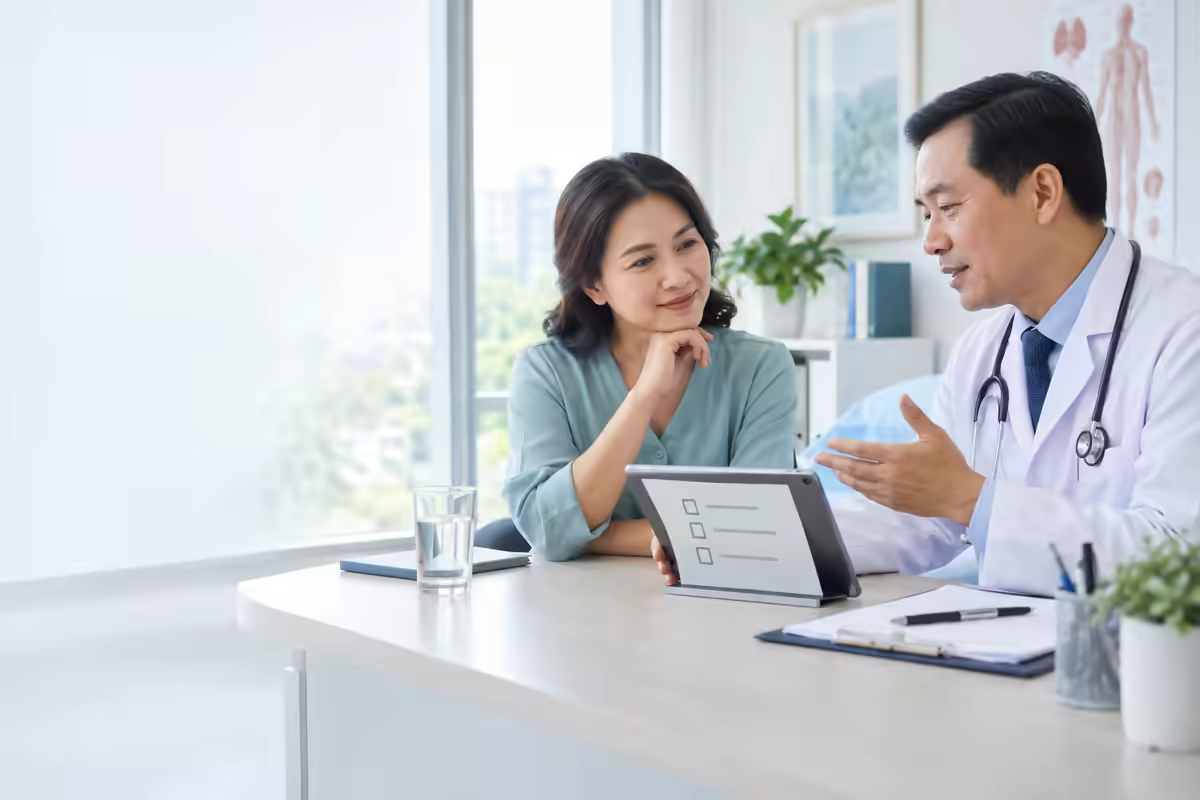 Người bệnh cùng bác sĩ thảo luận kế hoạch điều trị ung thư giai đoạn sớm