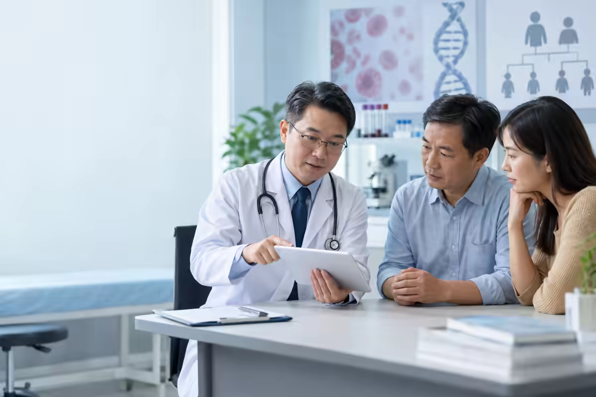 Người bệnh cùng gia đình được bác sĩ huyết học tư vấn về nguy cơ ung thư máu