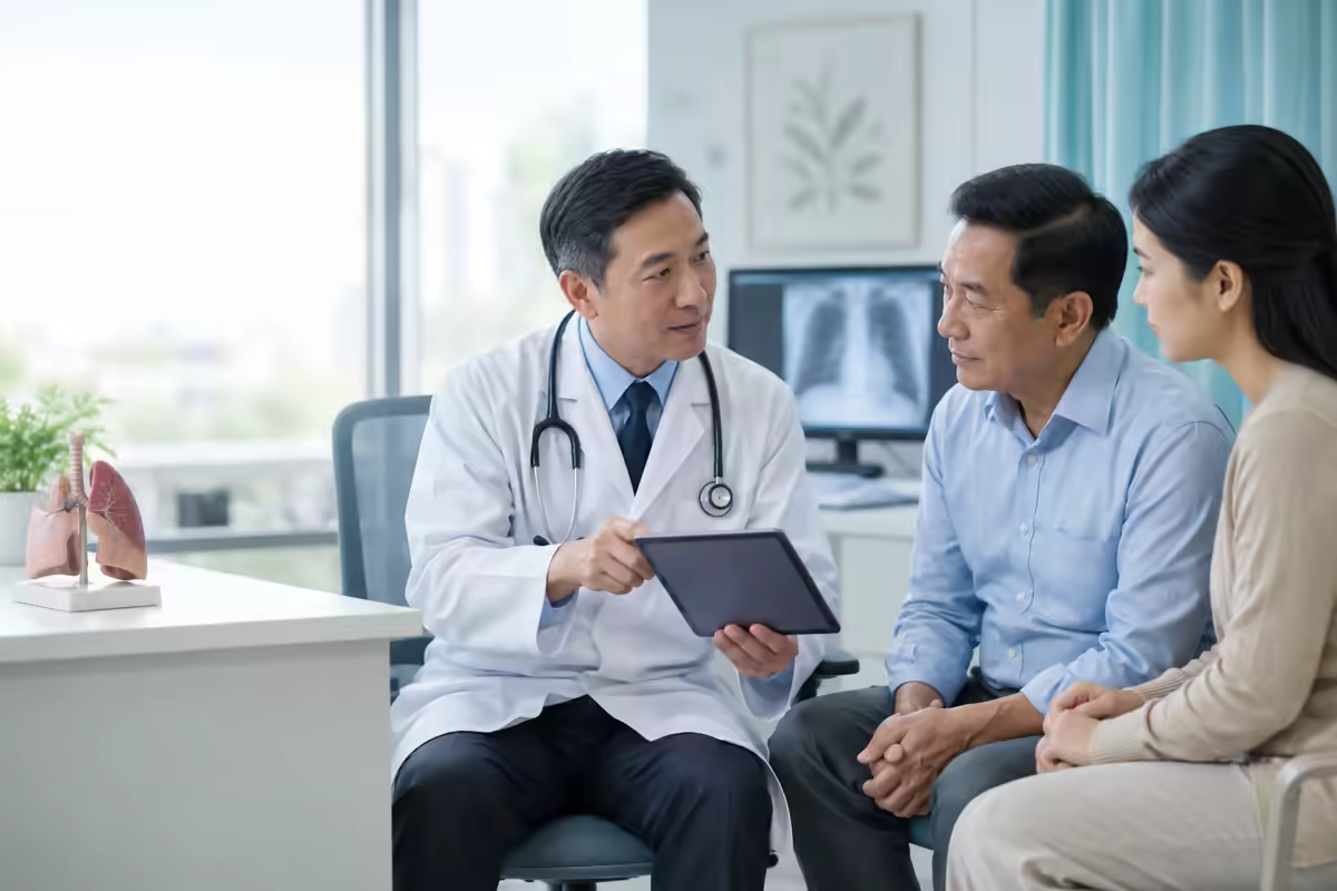 Người bệnh cùng gia đình được bác sĩ hô hấp giải thích về ung thư phổi