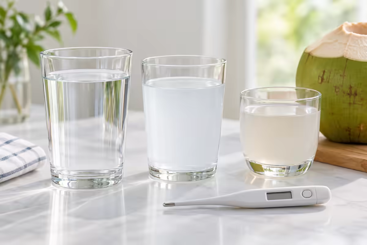 Nước, dung dịch bù nước và nước dừa cạnh nhiệt kế