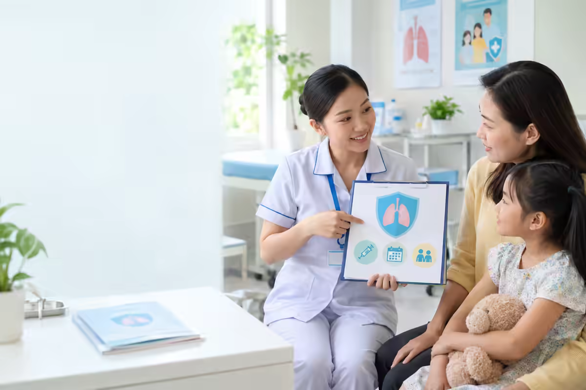 Nhân viên y tế tư vấn vắc xin phòng bệnh hô hấp cho gia đình