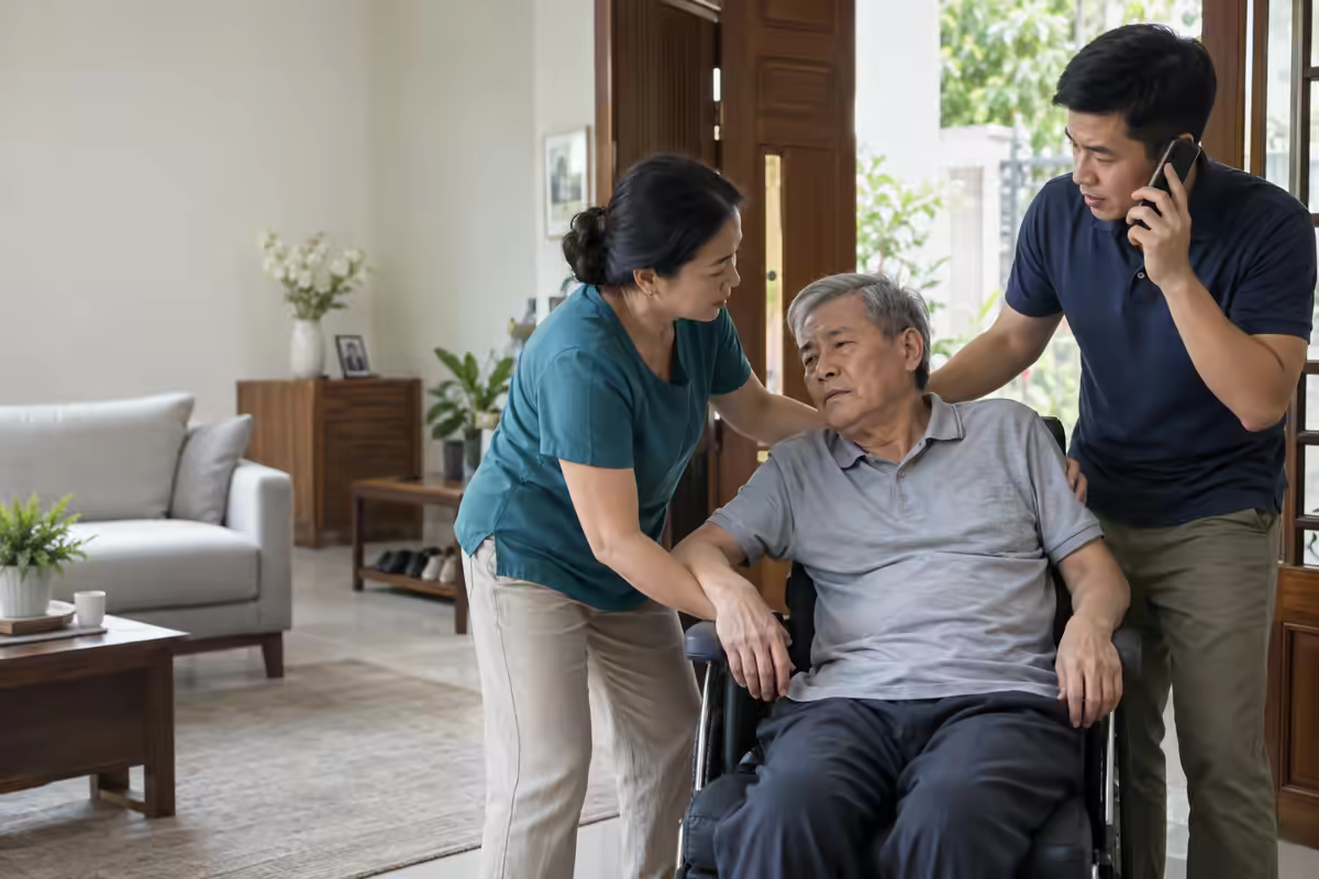 Người nhà hỗ trợ bệnh nhân nghi đột quỵ ngồi an toàn trong khi chờ cấp cứu