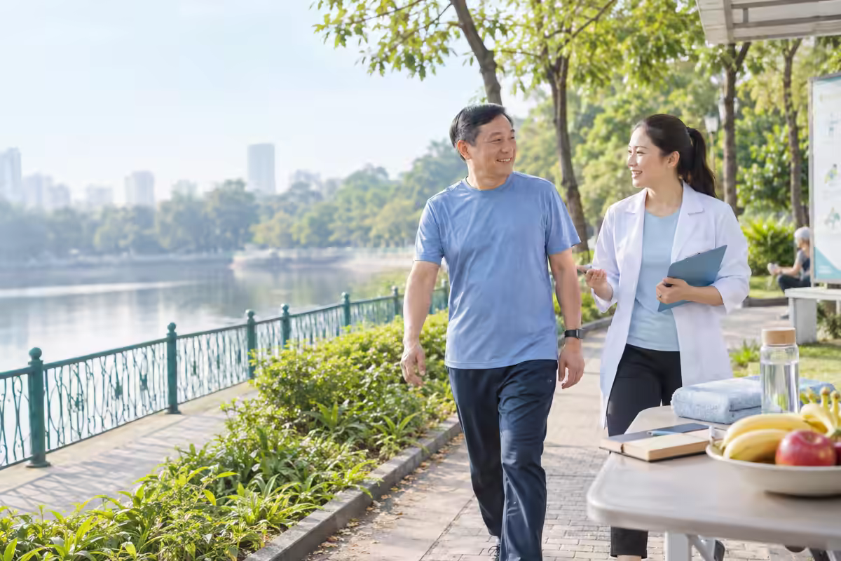 Người bệnh tập đi bộ đều đặn để hỗ trợ kiểm soát mỡ máu