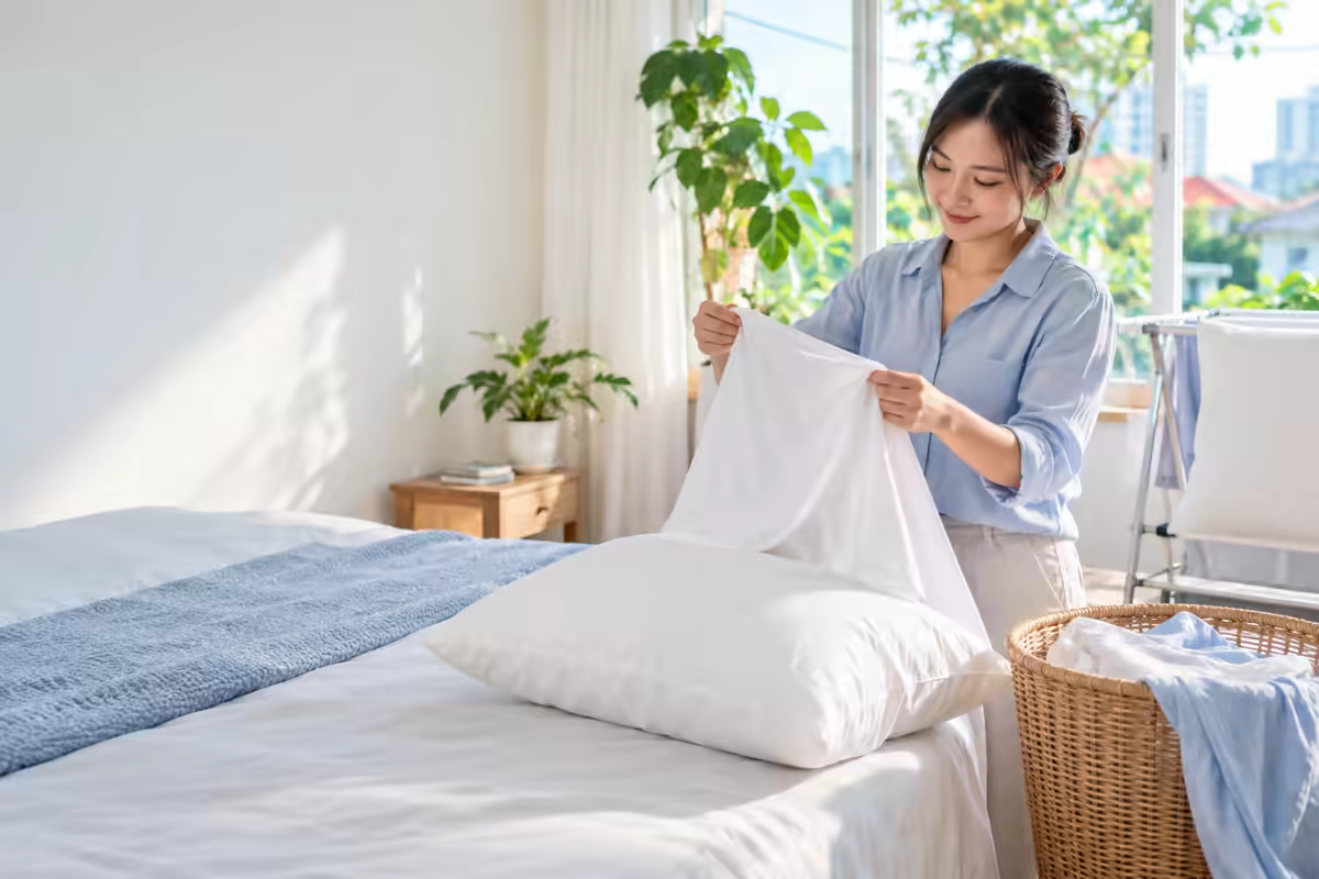 Người phụ nữ vệ sinh và phơi khô vỏ gối để giữ phòng ngủ sạch