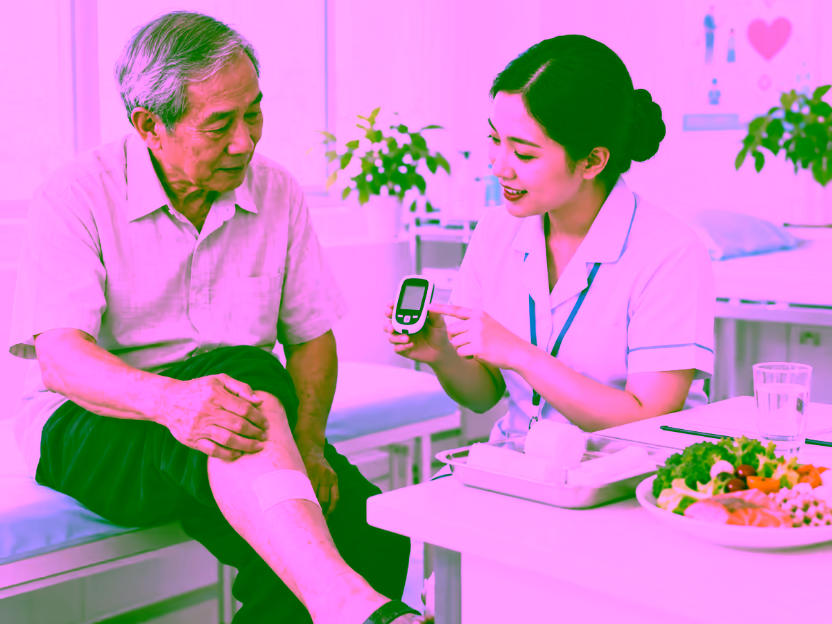 Nhân viên y tế hướng dẫn chăm sóc vết thương ở người bệnh tiểu đường