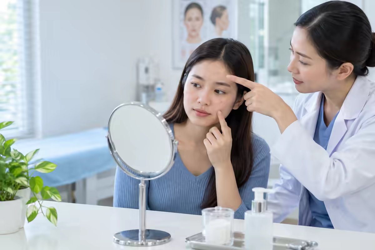 Người trẻ soi da và được bác sĩ da liễu tư vấn về vị trí nổi mụn