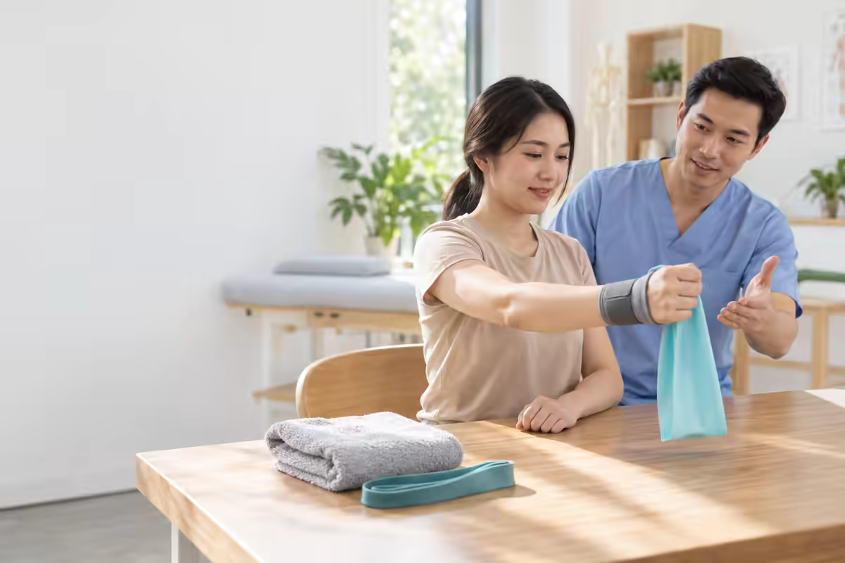 Người bệnh tập phục hồi cổ tay nhẹ nhàng cùng chuyên viên