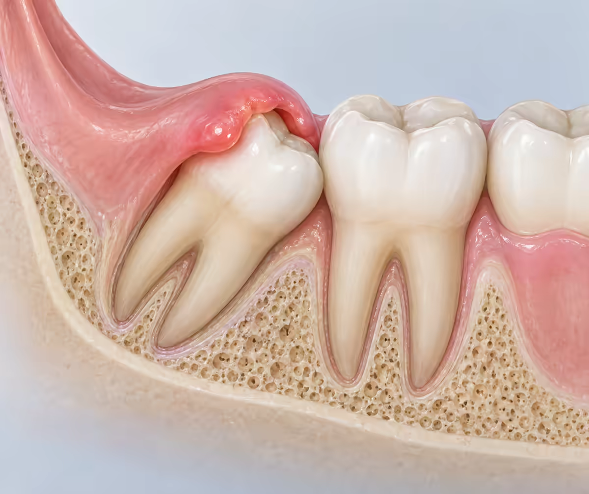 Răng khôn mọc bán phần dưới vạt lợi viêm nhẹ