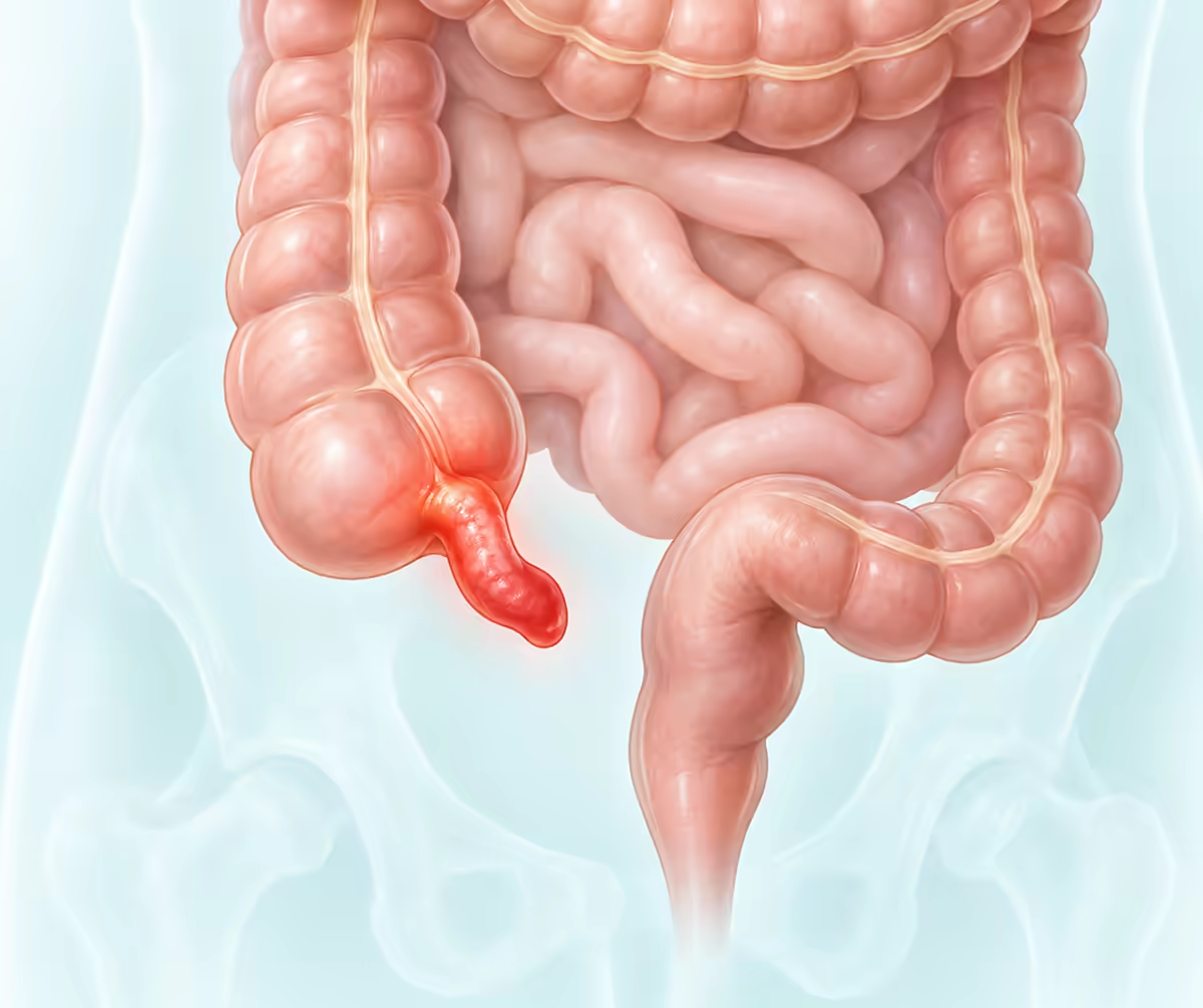 Minh họa ruột thừa bị viêm và sưng đỏ