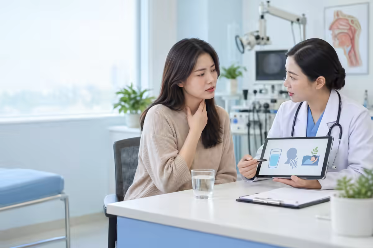 Người bệnh khàn tiếng được bác sĩ tai mũi họng tư vấn nghỉ giọng và uống đủ nước