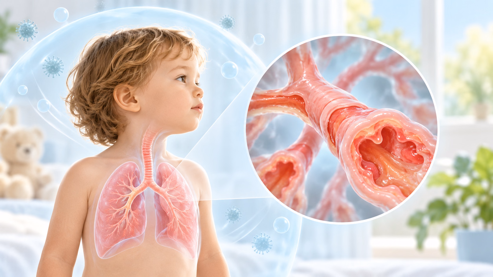 Minh hoạ trẻ nhỏ với đường thở bị viêm trong viêm tiểu phế quản