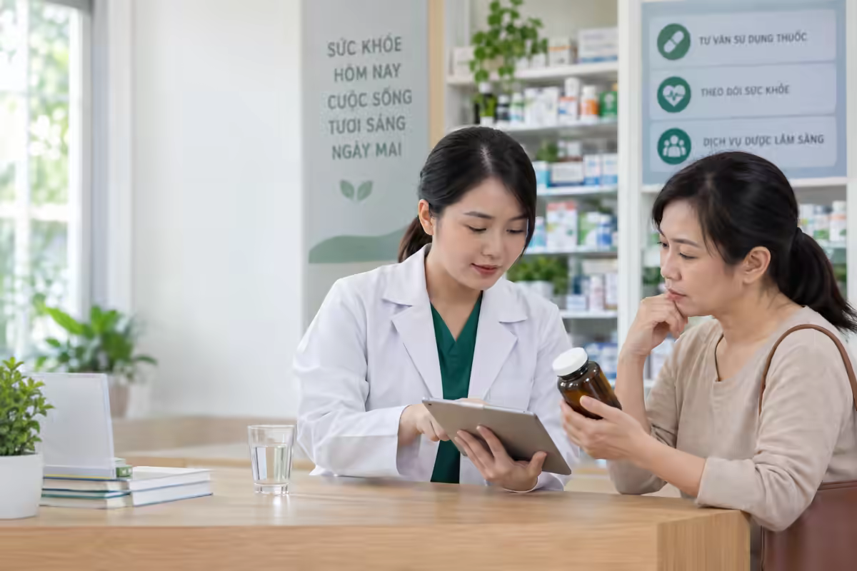 Người dùng được dược sĩ tư vấn kiểm tra thành phần viên uống bổ gan