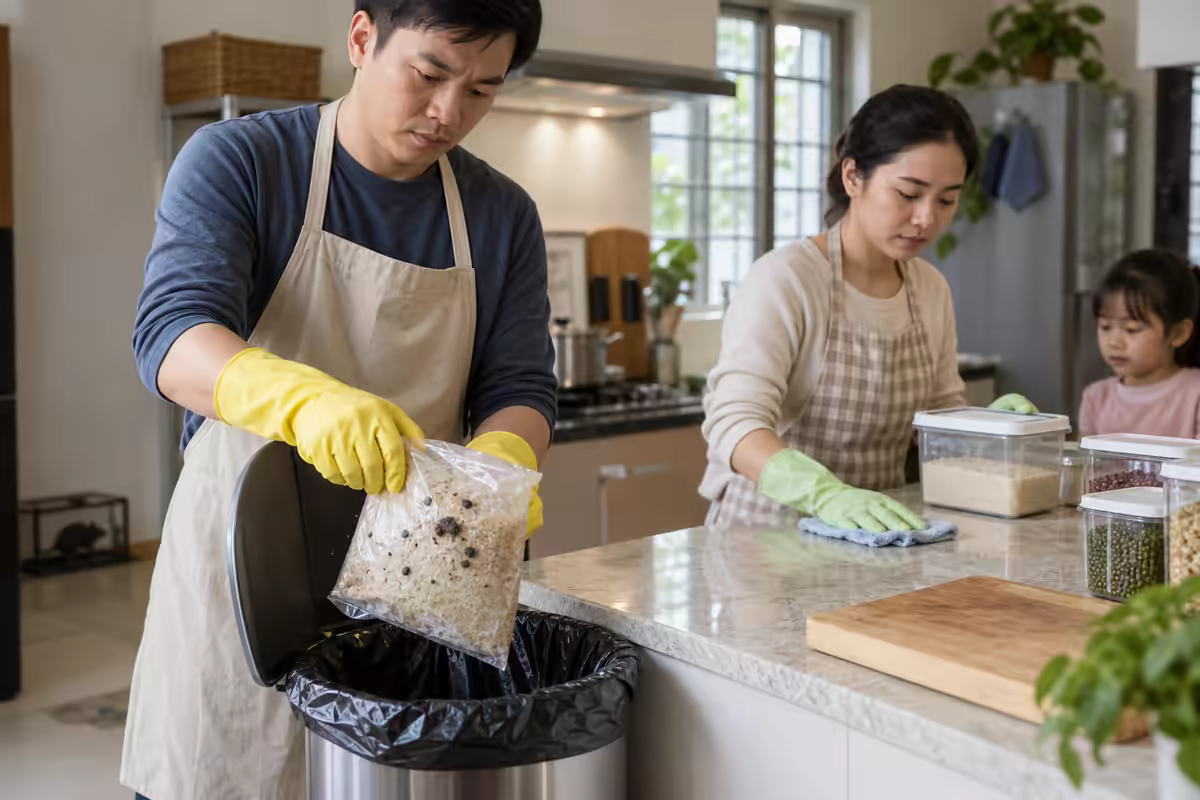 Phòng virus Hanta từ thực phẩm – người dân loại bỏ đồ ăn bị chuột xâm nhập và vệ sinh bếp