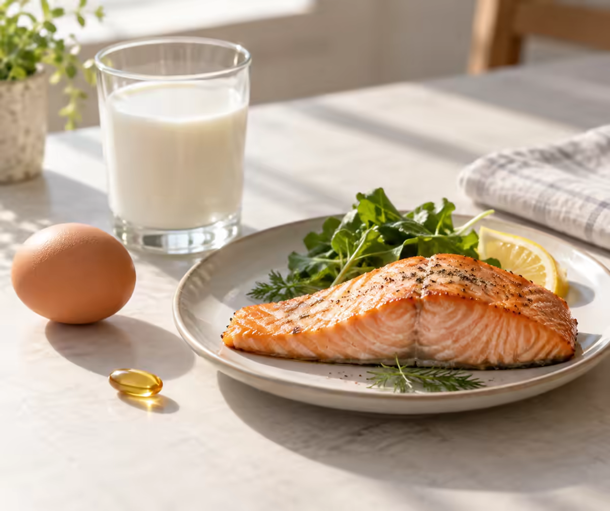 Cá hồi, trứng, sữa và viên vitamin D dưới ánh nắng