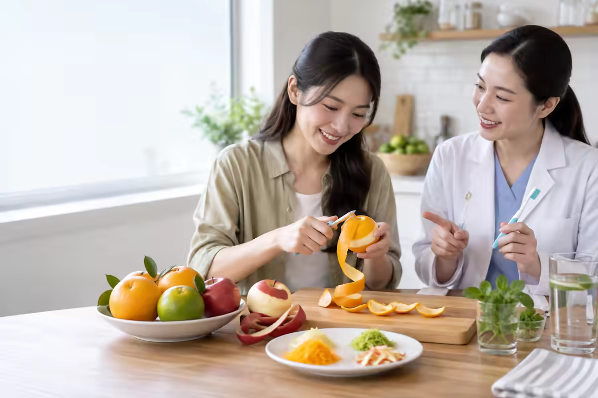 Người dùng chuẩn bị vỏ trái cây sạch và được nha sĩ nhắc vệ sinh răng miệng