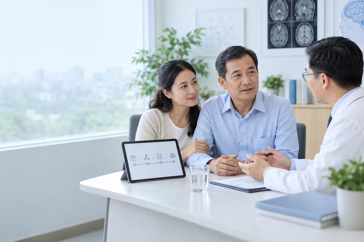 Người bệnh và gia đình trao đổi với bác sĩ về kế hoạch xạ trị và theo dõi
