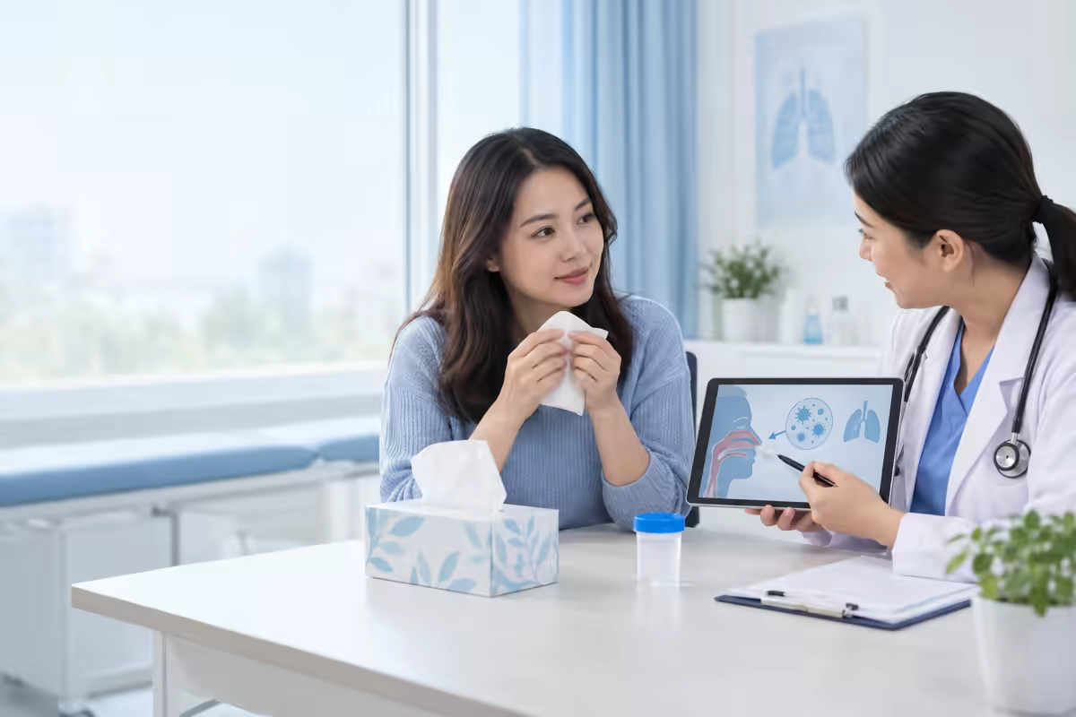 Bác sĩ giải thích quy trình xét nghiệm dịch mũi cho người bệnh