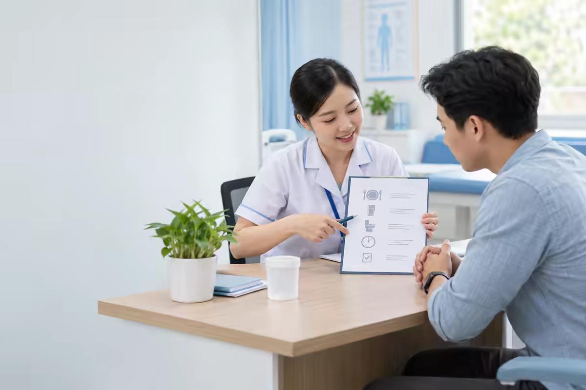 Nhân viên y tế hướng dẫn chuẩn bị xét nghiệm ký sinh trùng