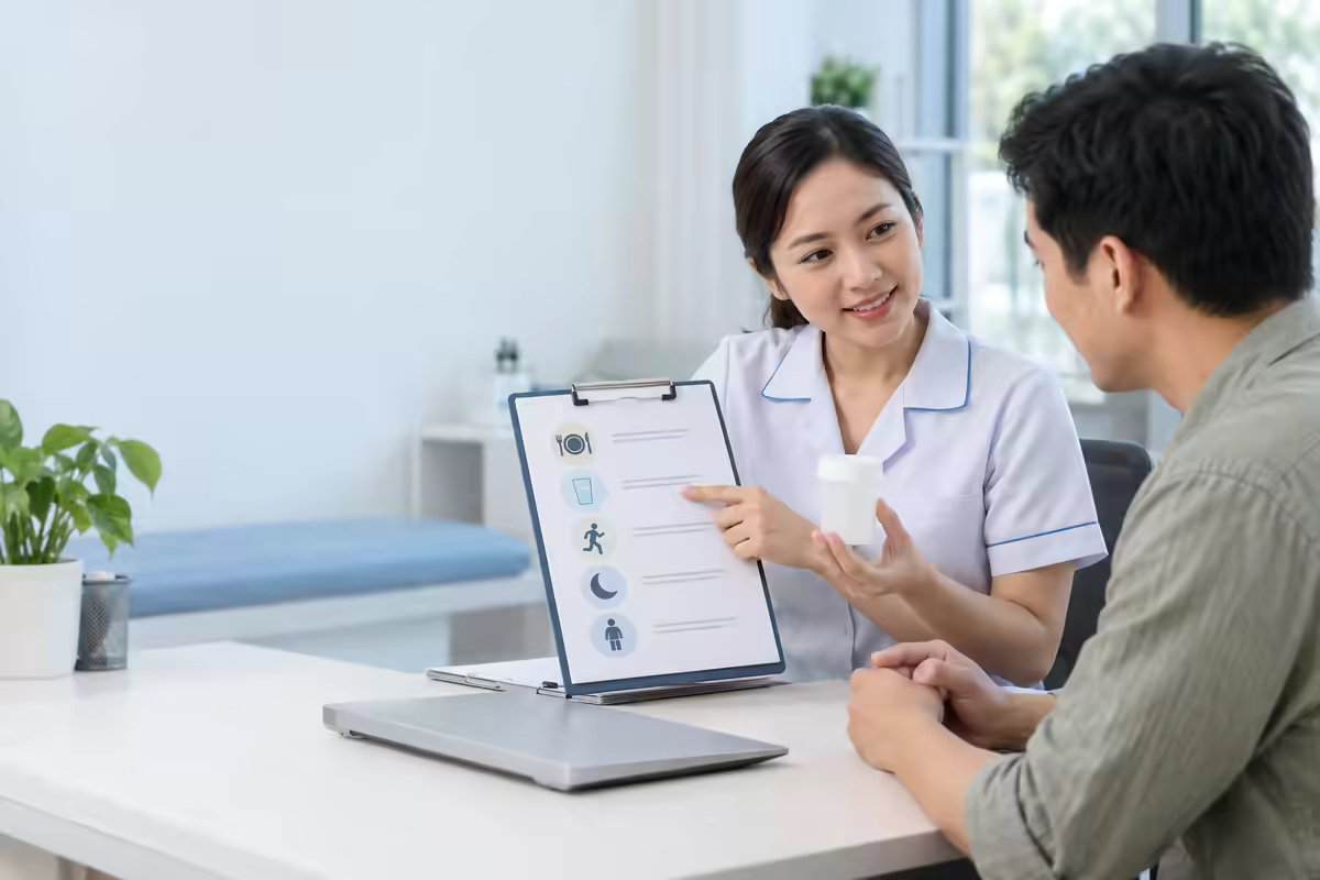 Nhân viên y tế hướng dẫn chuẩn bị xét nghiệm máu và nước tiểu