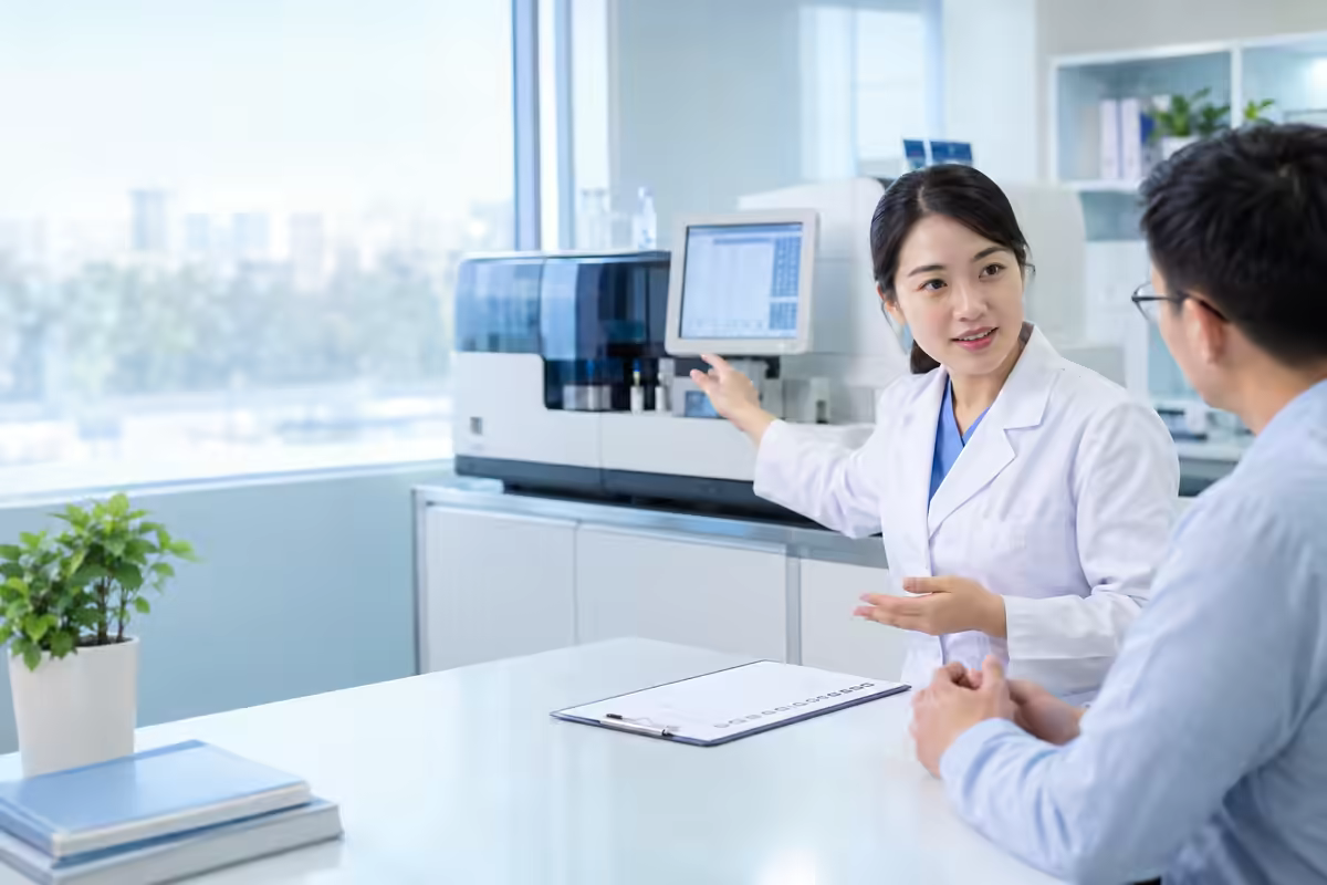 Nhân viên phòng xét nghiệm giải thích vai trò xét nghiệm sinh hóa miễn dịch