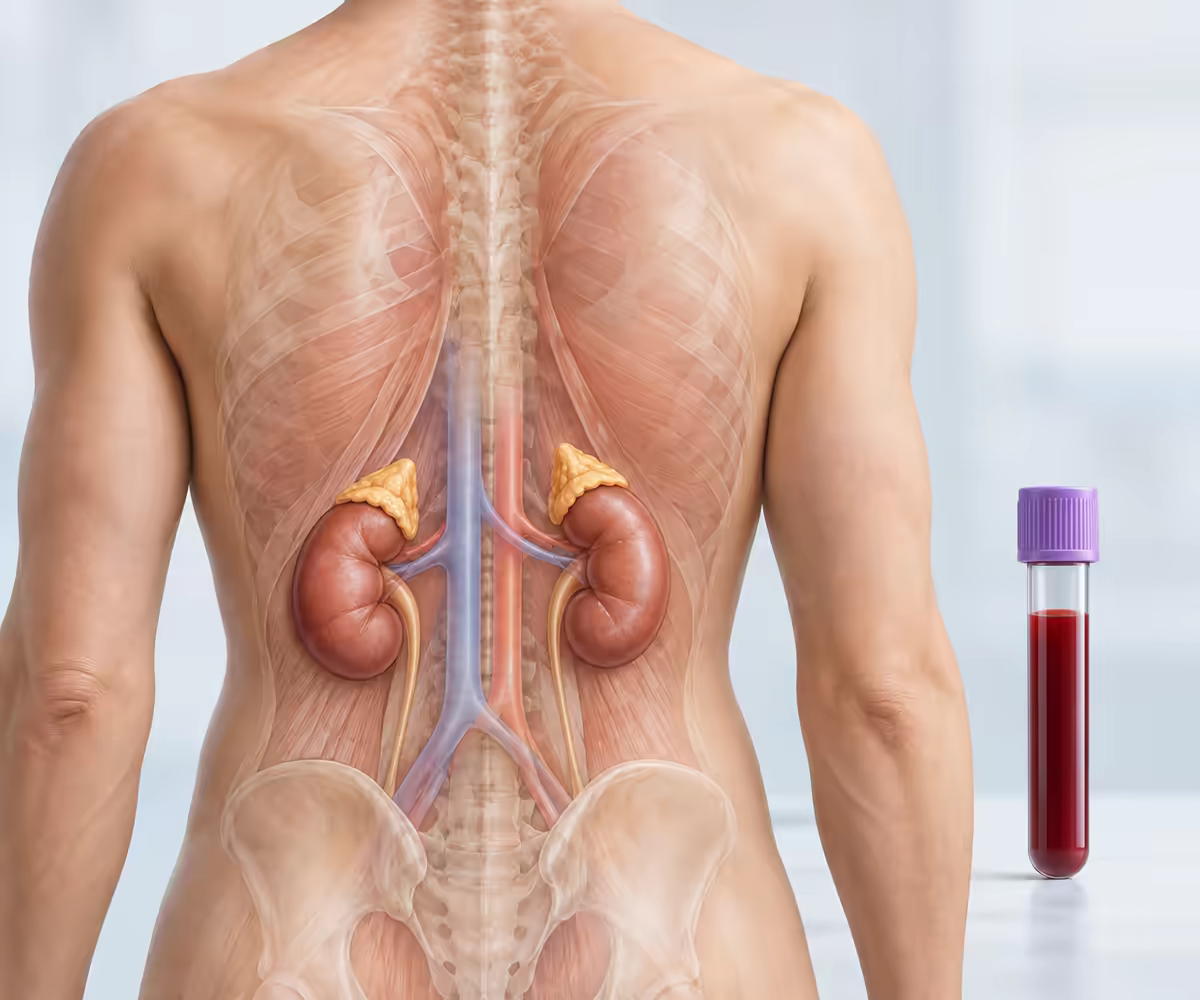 Hình giải phẫu hai tuyến thượng thận phía trên thận và một ống máu xét nghiệm