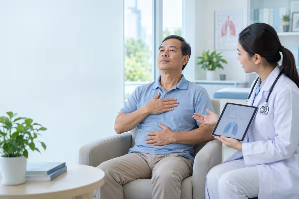 Người bệnh tập thở và được bác sĩ hướng dẫn kiểm soát xơ phổi