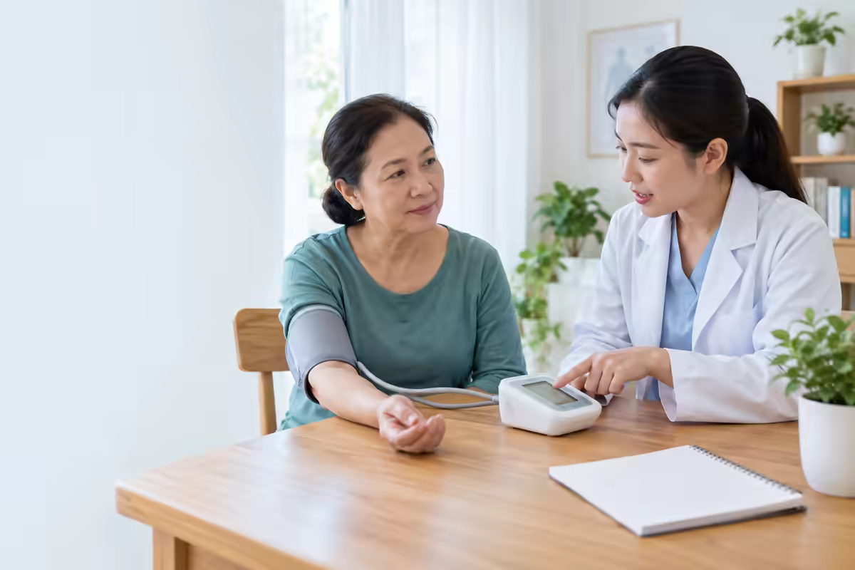Bác sĩ hướng dẫn người bệnh đặt vòng bít và đọc chỉ số huyết áp đúng cách