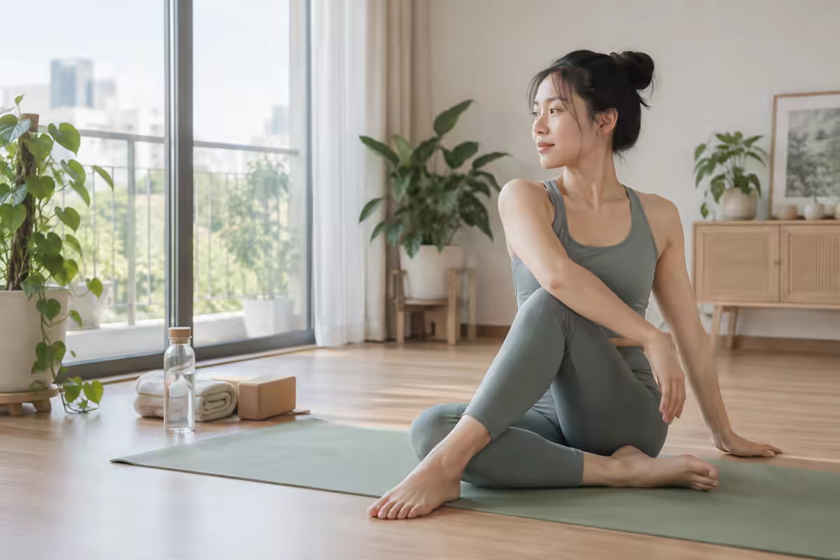 Phụ nữ tập yoga nhẹ nhàng trên thảm và uống đủ nước để tập an toàn