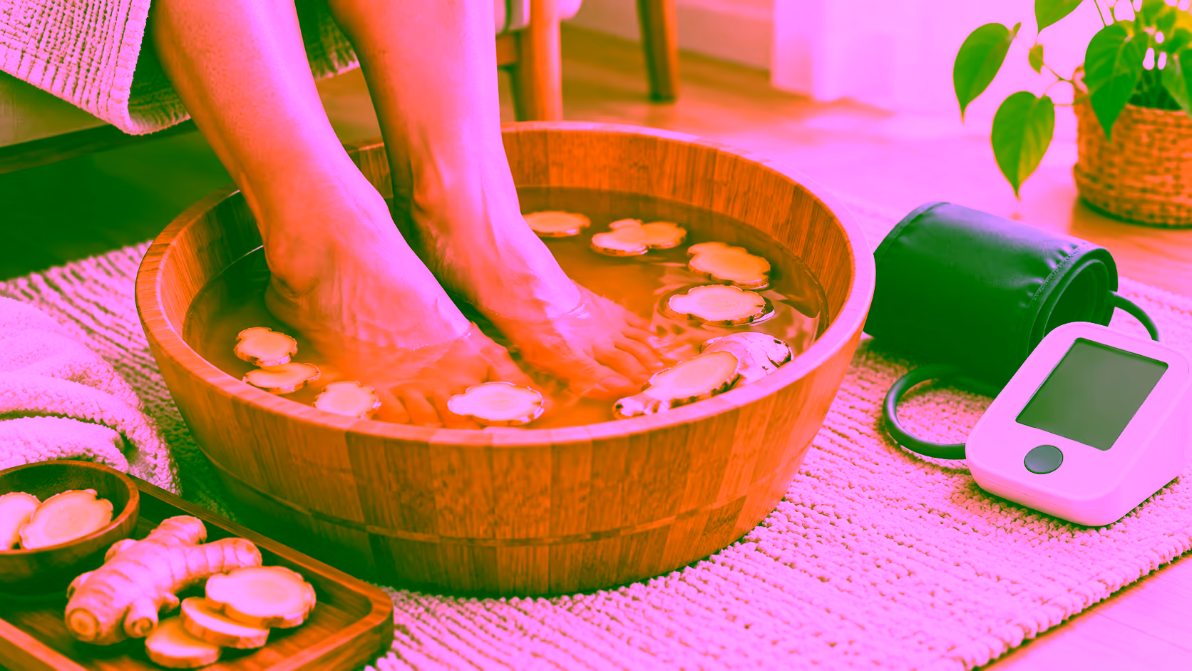 Minh hoạ người cao huyết áp ngâm chân nước gừng