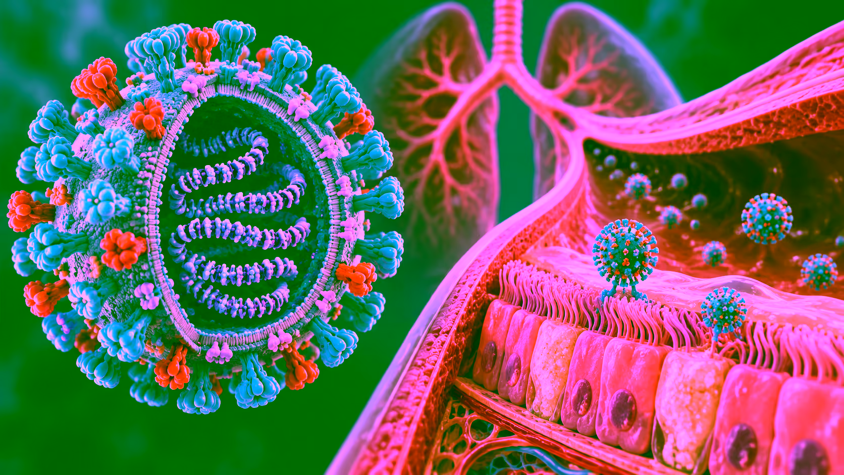 Minh hoạ cấu tạo virus cúm và đường hô hấp