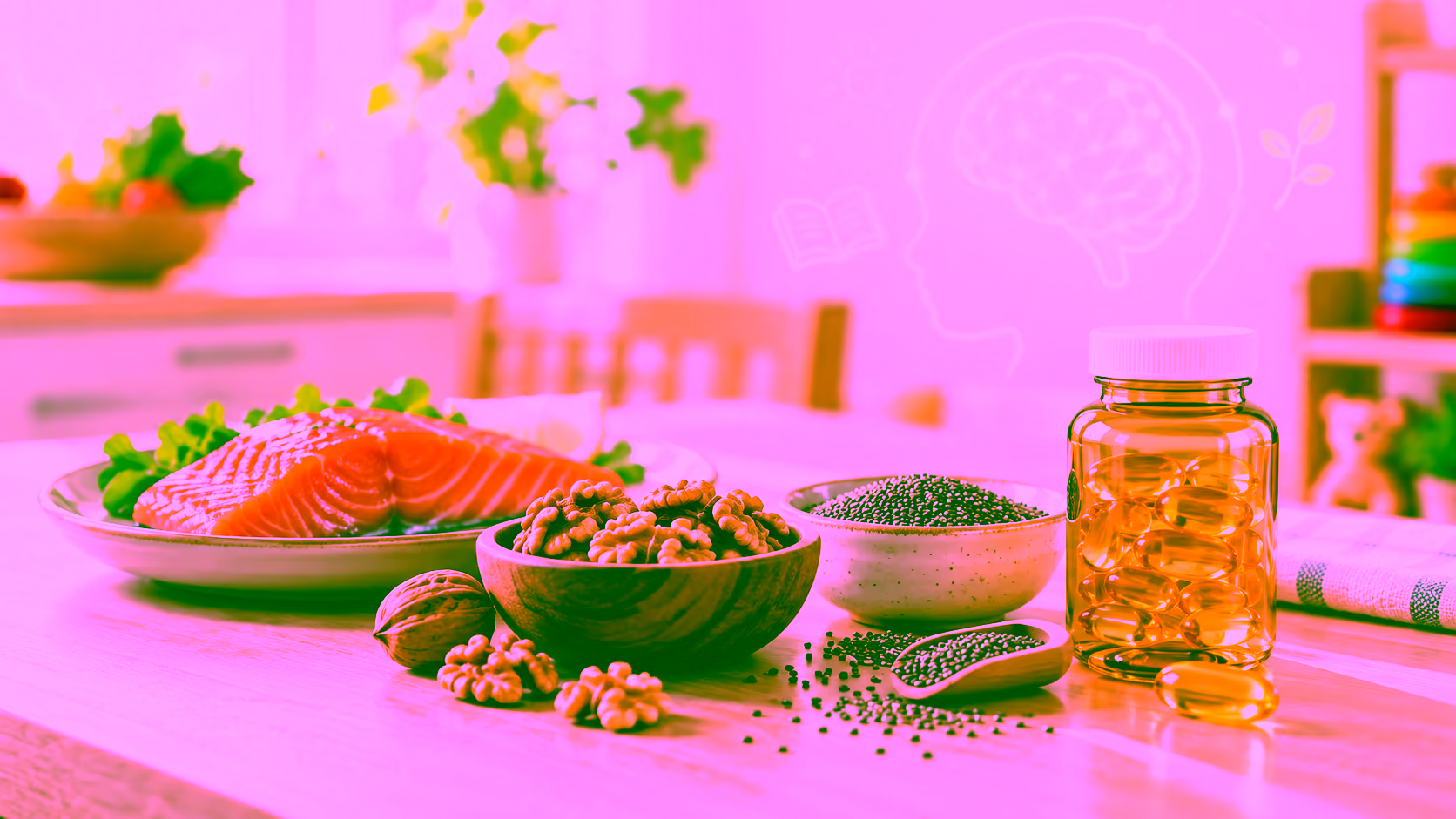 Minh hoạ omega 3 và thực phẩm cho trẻ