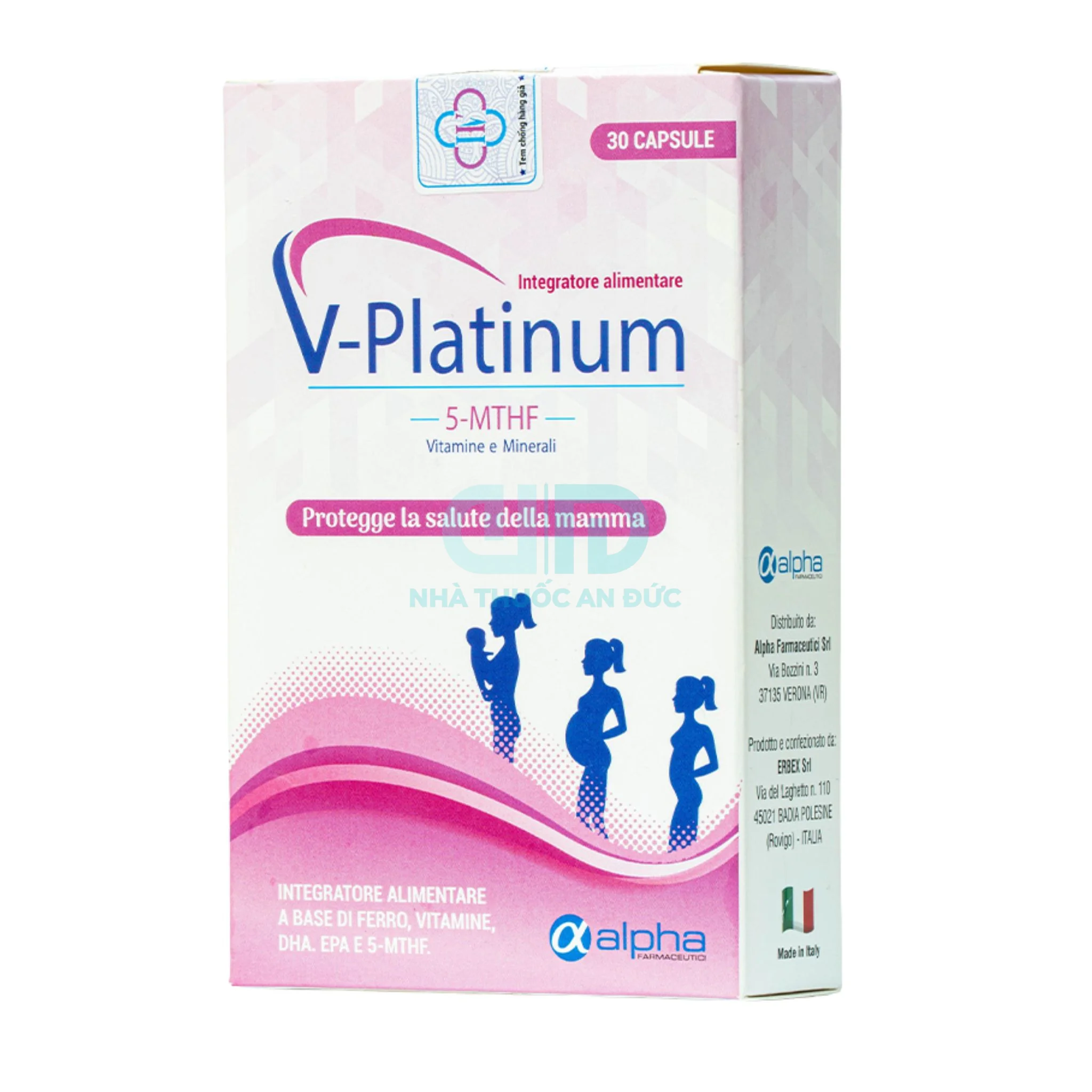 Mặt bên hộp V-Platinum với thông tin nhà sản xuất