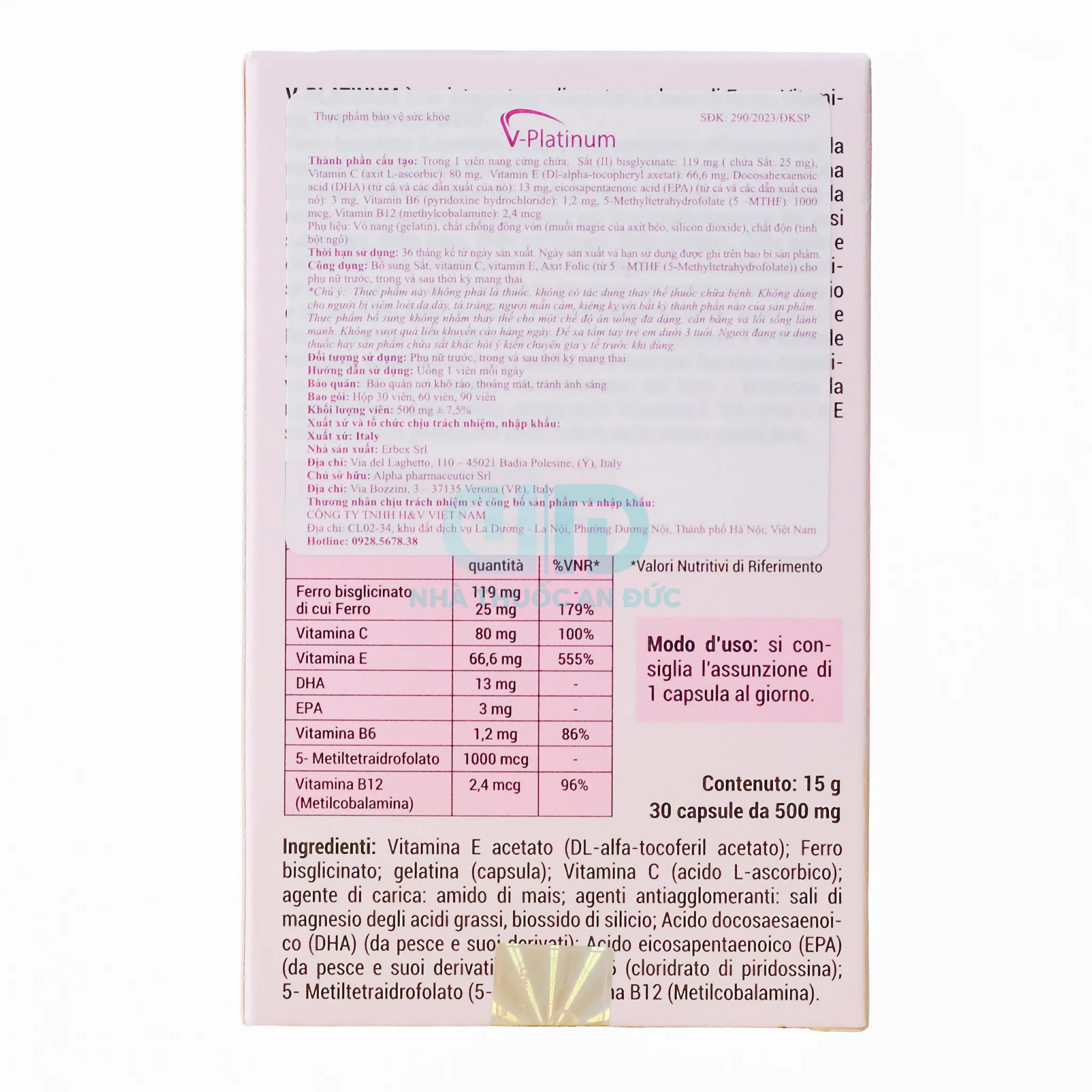 Bảng thành phần chi tiết của V-Platinum